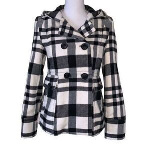 a.n.a Double Breasted Jacket with Hood Black & White Plaid Sz ML